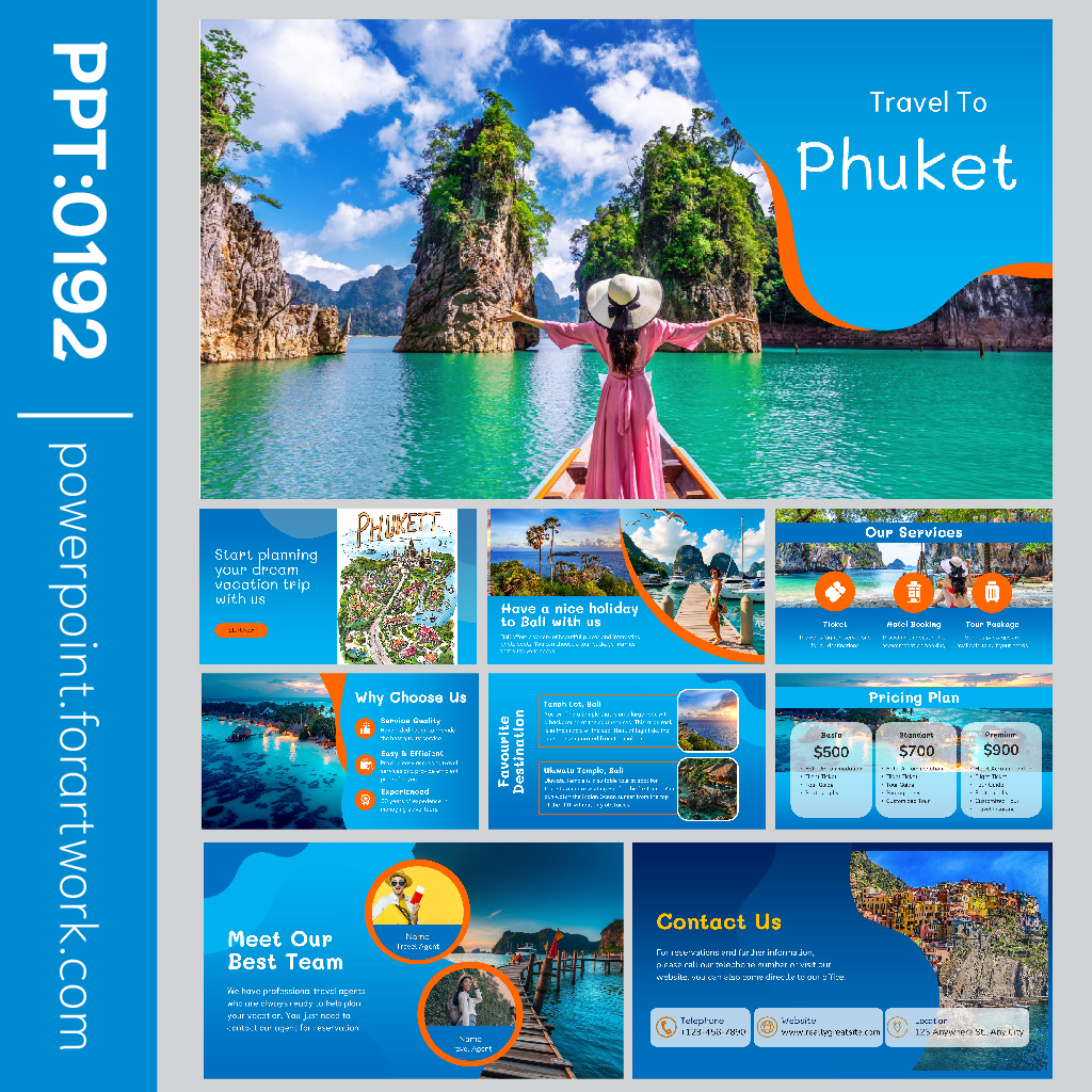 เทมเพลต PowerPoint ท่องเที่ยวไทยและสถานที่ท่องเที่ยว สีสันสวยงามสำหรับการนำเสนอ พื้นหลังสีฟ้า (0192)