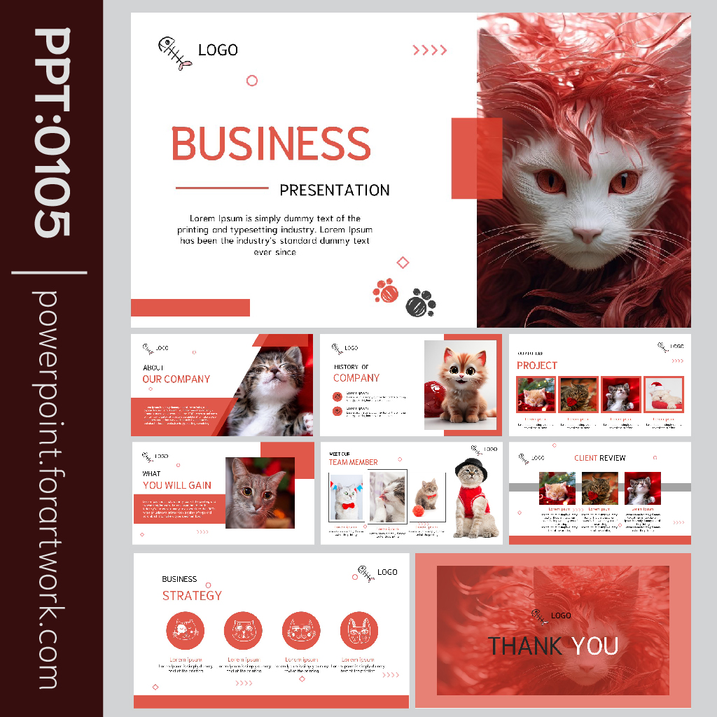 เทมเพลต PowerPoint Business Profile ธีมแมวเหมียว พื้นหลังสีแดง Pastel สัตว์น่ารักๆ (0105)