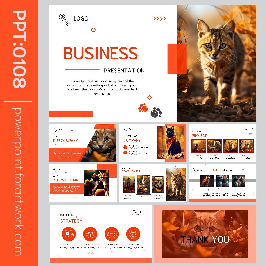เทมเพลต PowerPoint Business ธีมแมวเหมียว พื้นหลังสีส้ม Pastel สัตว์เลี้ยงน่ารักๆ (0108)