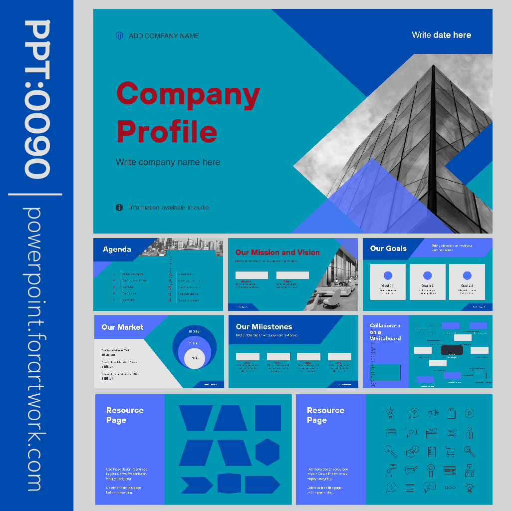 เทมเพลต PowerPoint Company Profile สีฟ้า-เขียว สไตล์มินิมอลสวยๆ (0090)