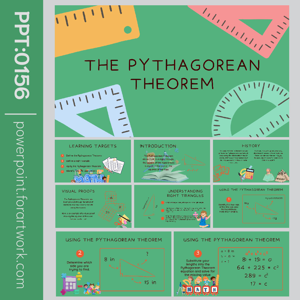 เทมเพลต PowerPoint คณิตศาสตร์สื่อการสอนทฤษฎีบทพีทาโกรัส พื้นหลังสีเขียว (0156)