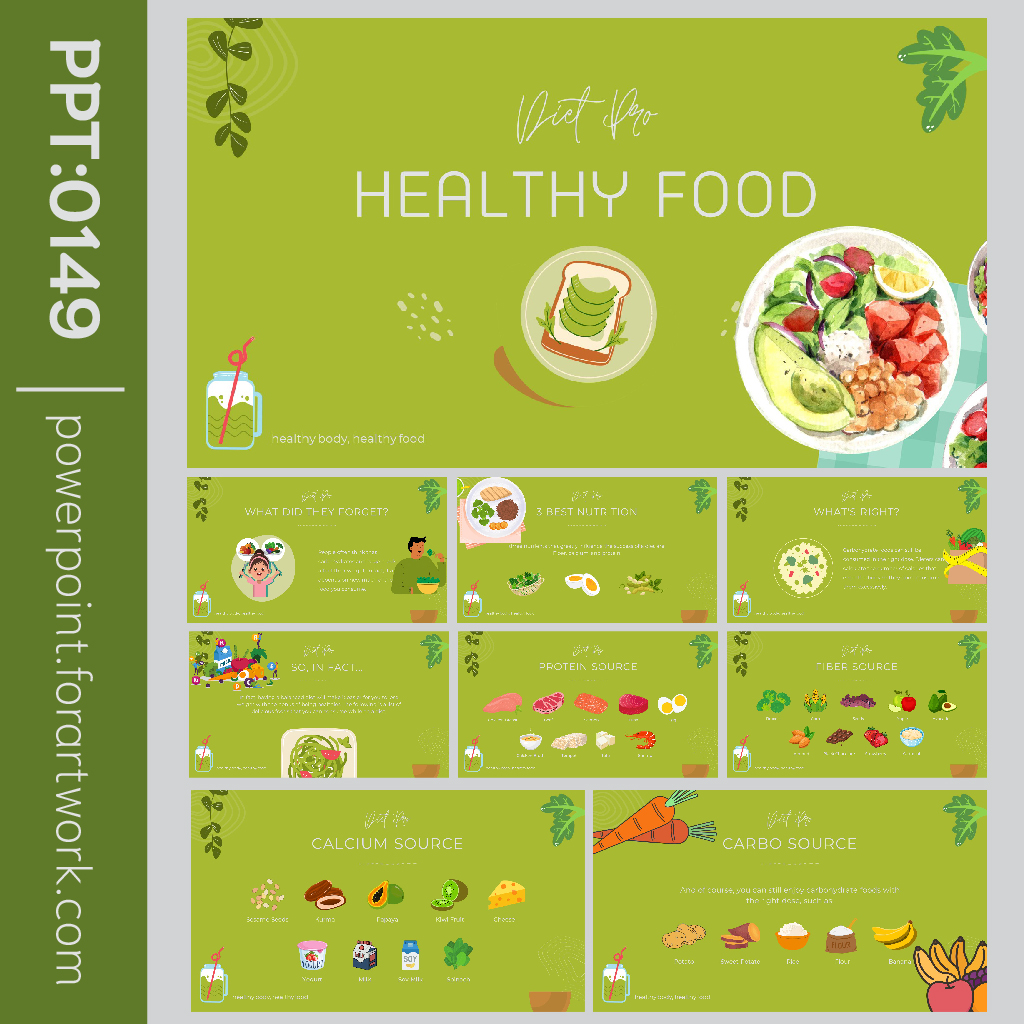 เทมเพลต PowerPoint เมนูอาหารเพื่อสุขภาพ พื้นหลังสีเขียว การ์ตูนน่ารักๆ (0149)