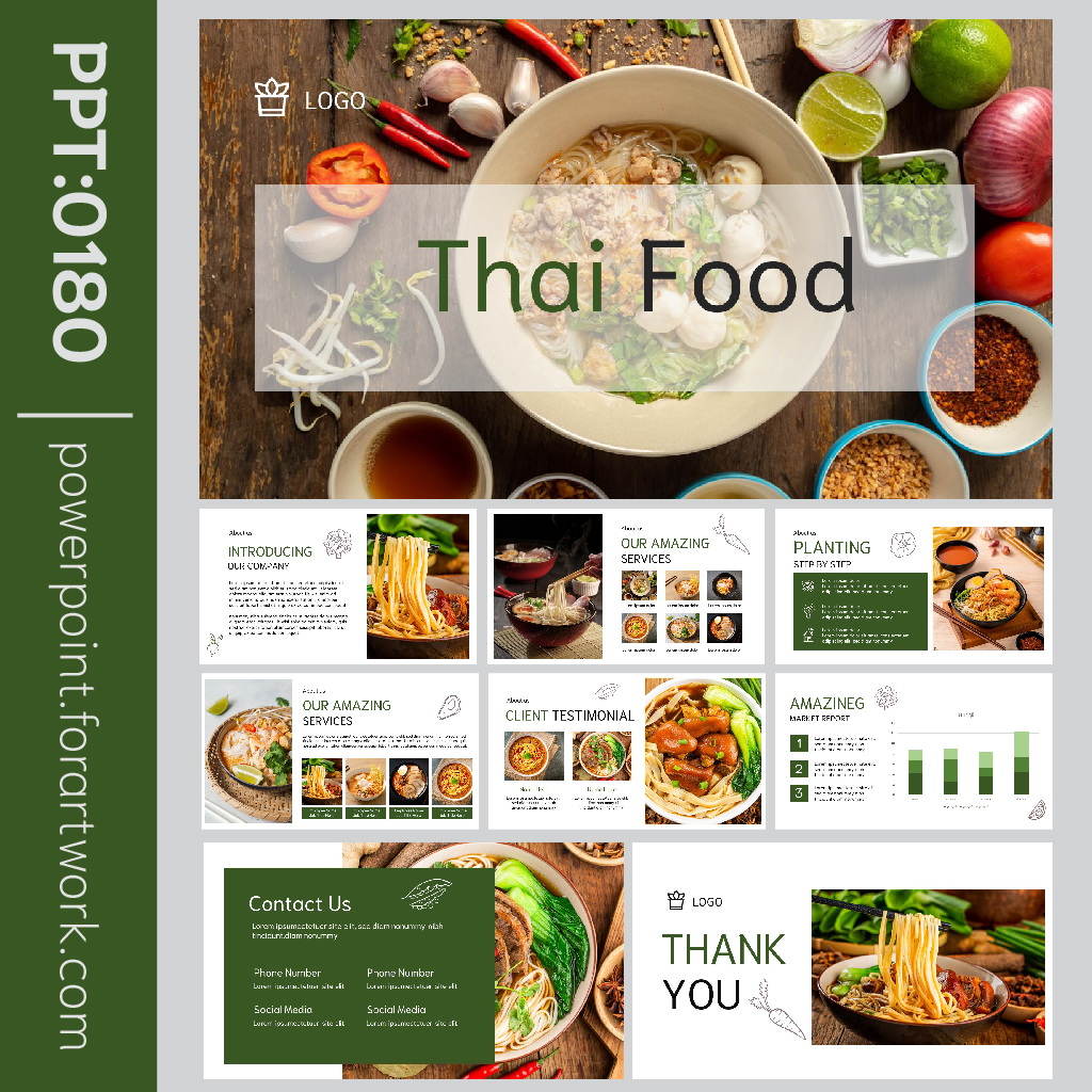 เทมเพลต PowerPoint เมนูอาหารไทย ธีมสีเขียวเข้ม สไตล์มินิมอล (0180)