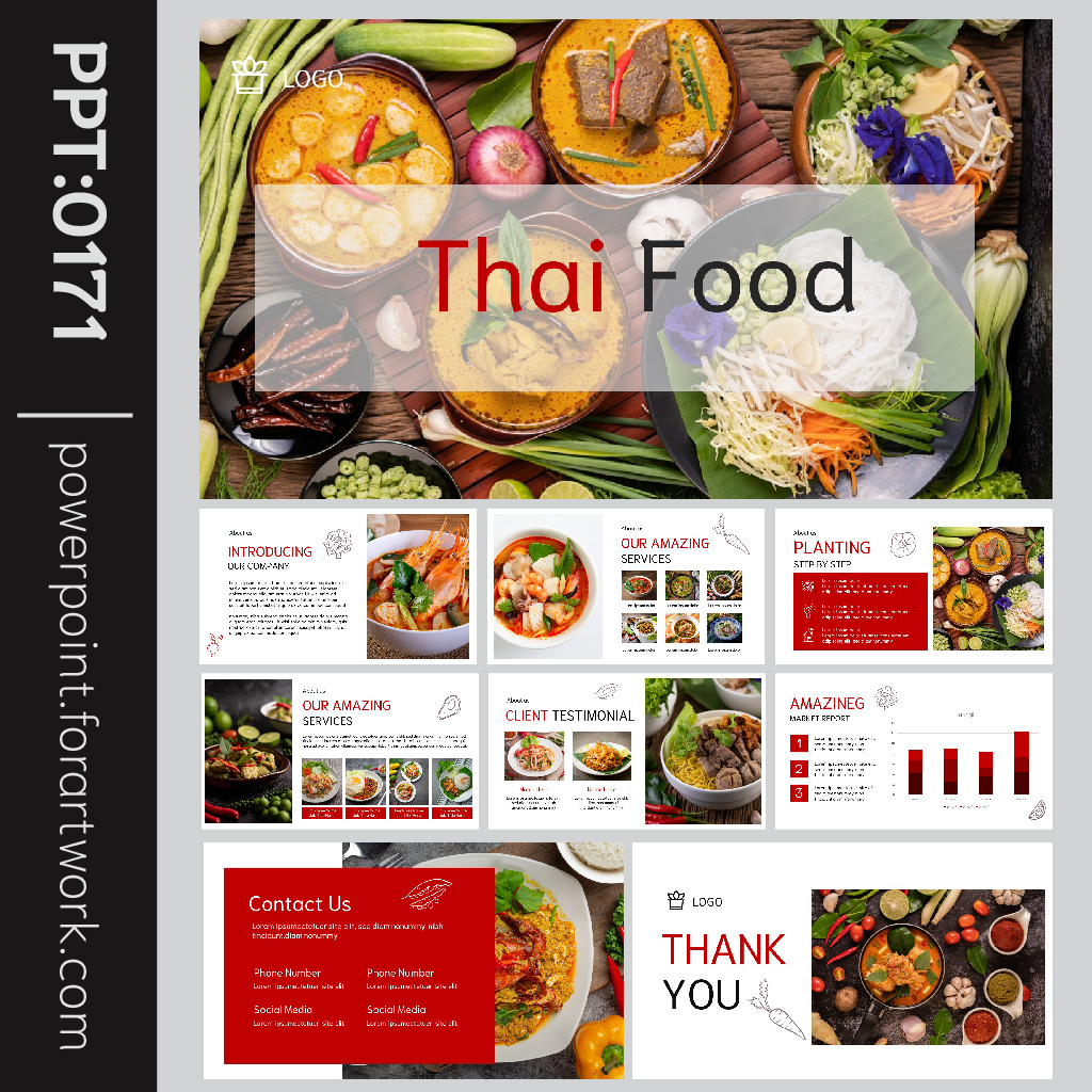 เทมเพลต PowerPoint เมนูอาหารไทย ธีมสีแดง สไตล์มินิมอล (0171)