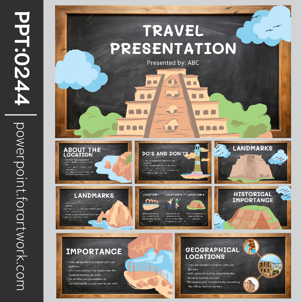 พื้นหลังกระดานดำ PowerPoint - Template PowerPoint การศึกษา สีดำ พร้อมดีไซน์การ์ตูน ใช้ได้ในวิชาประวัติศาสตร์และภูมิศาสตร์ (0244)