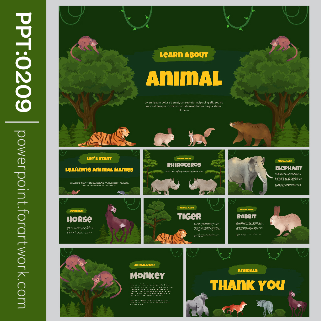 เทมเพลต PowerPoint การ์ตูนสัตว์ป่า Animal ธีมสีเขียว สดใสสไตล์มินิมอล (0209)