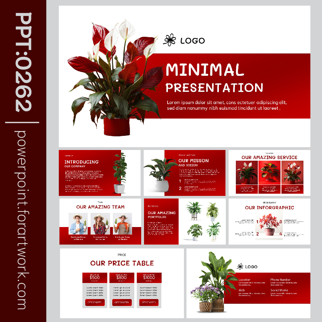 เทมเพลต PowerPoint ต้นไม้ Presentation ดอกไม้ สไตล์มินิมอล สี ขาว – แดง เรียบหรู (0262)