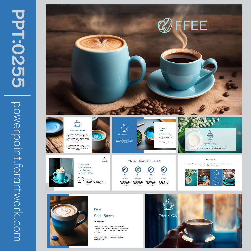 เทมเพลต PowerPoint เมนูกาแฟ Coffee ธีมสีฟ้า มินิมอลสวยๆ (0255)