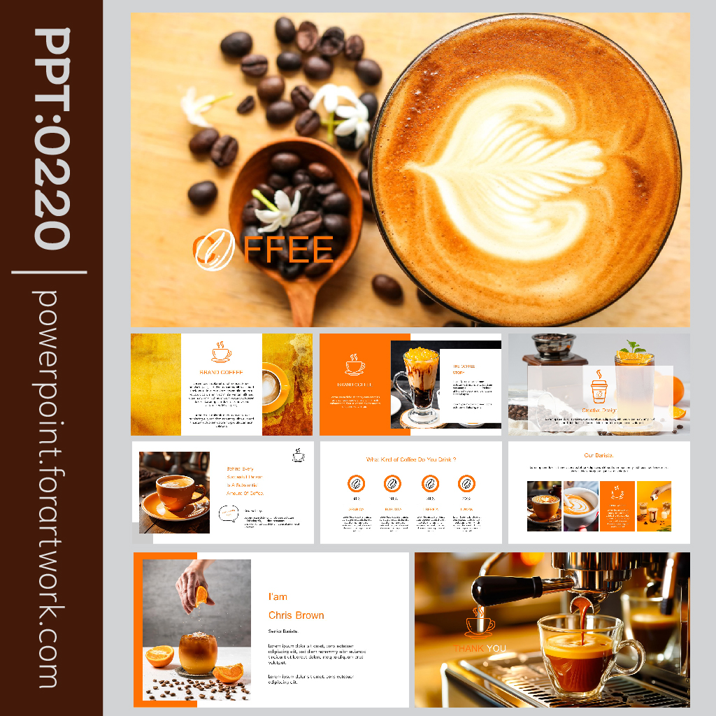 เทมเพลต PowerPoint เมนูกาแฟ โปรโมทร้าน Coffee สีส้ม สดใสมินิมอล (0220)