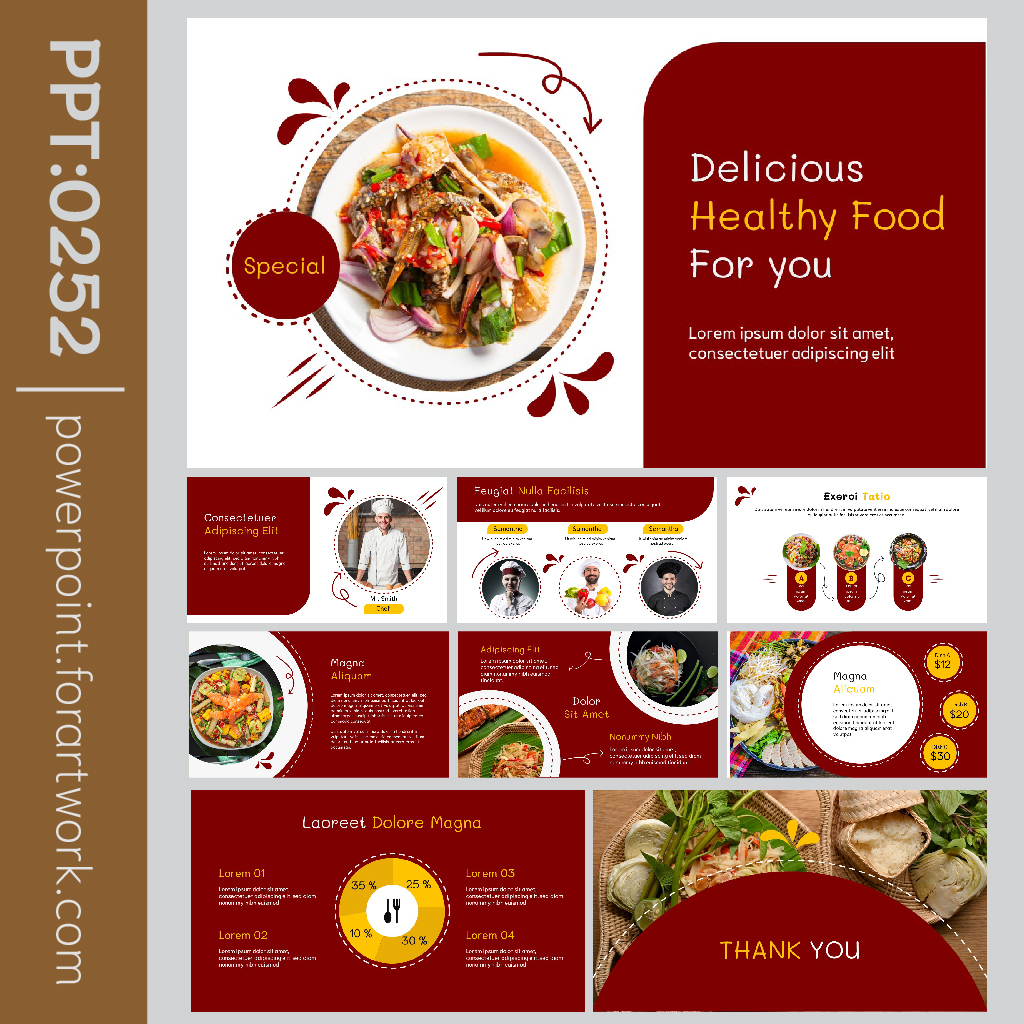 เทมเพลต PowerPoint เมนูอาหารโปรโมทร้านอาหารเชฟ สีแดง - ขาว สไตล์มินิมอล (0252)