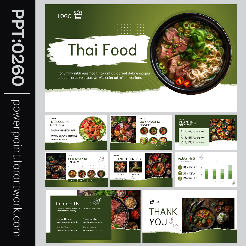 เทมเพลต PowerPoint เมนูอาหารไทยสำหรับร้านอาหารเชฟ เขียว สไตล์มินิมอล (0260)