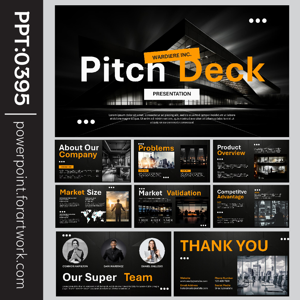 เทมเพลต Pitch Deck PowerPoint สีดำส้ม สำหรับสตาร์ทอัพและระดมทุน