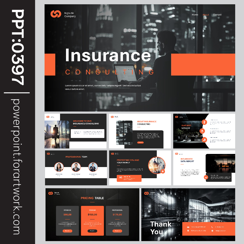 เทมเพลต PowerPoint ธุรกิจประกันภัย ธีมสีดำ-ส้ม ทันสมัย สำหรับงาน Consulting