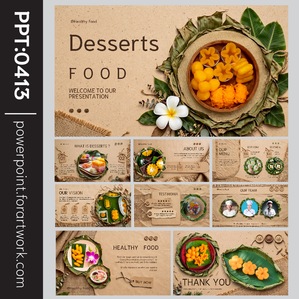 เทมเพลตขนมหวาน Desserts PowerPoint สไตล์กระดาษคราฟท์ ธรรมชาติสำหรับธุรกิจอาหารและคาเฟ่