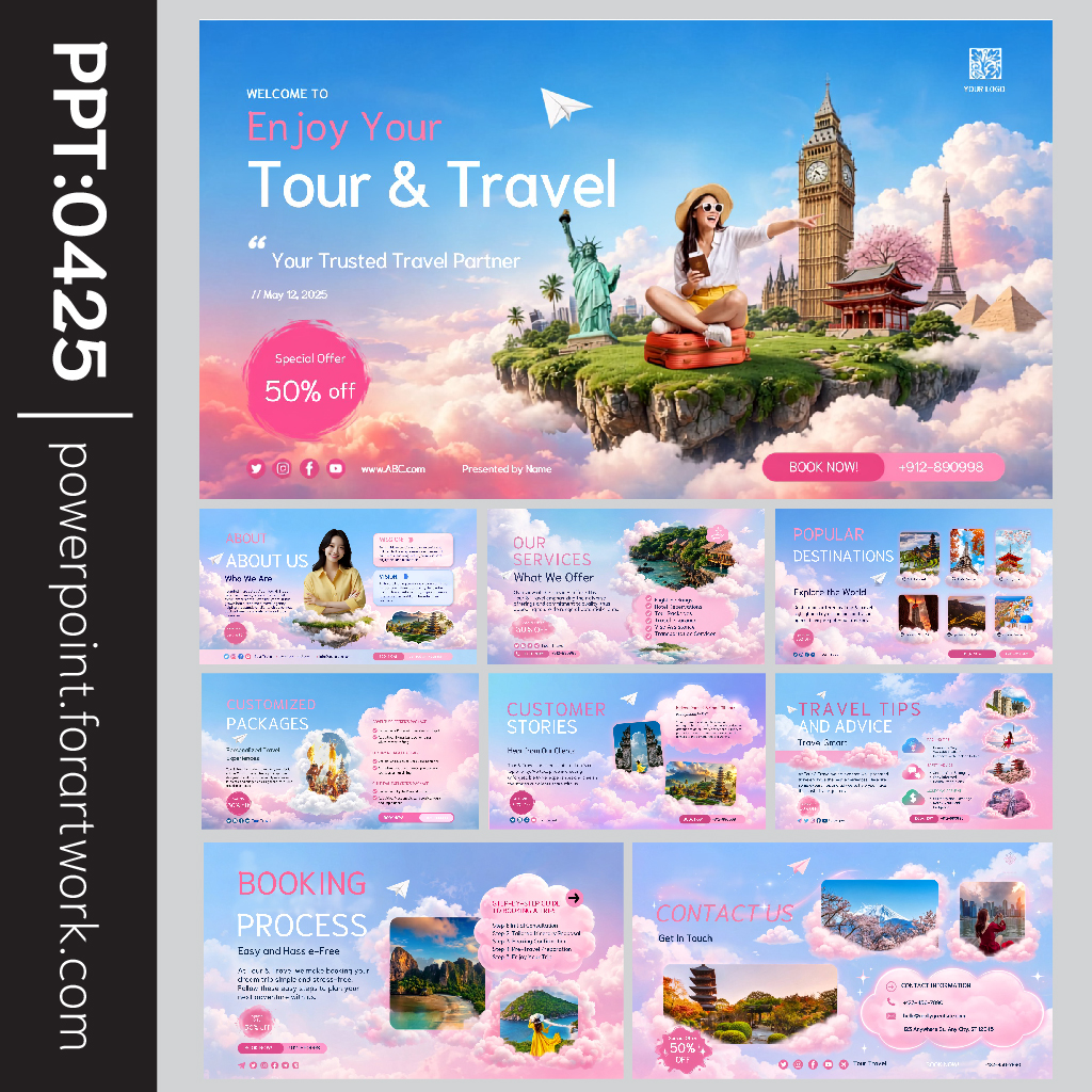 เทมเพลตท่องเที่ยว Tour & Travel PowerPoint สไตล์ทันสมัย โทนชมพู-ฟ้า