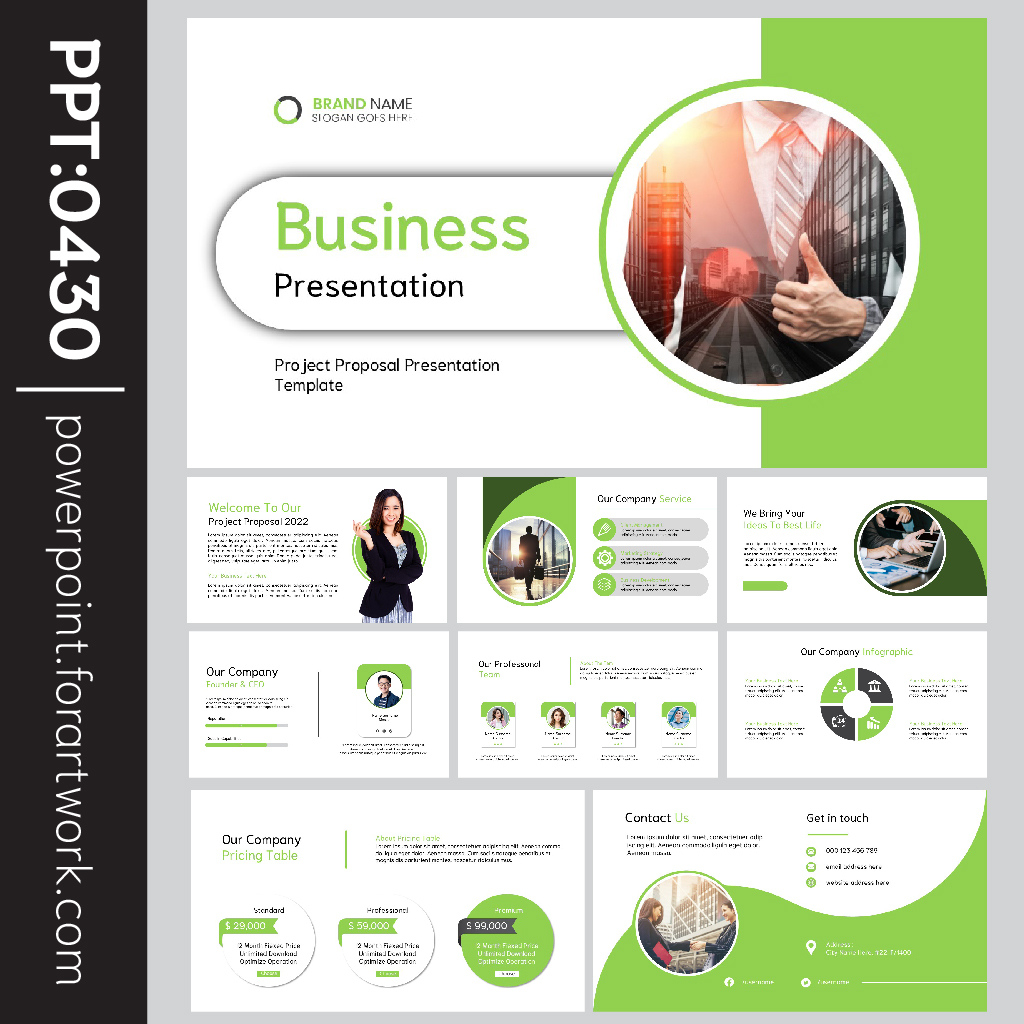 เทมเพลตธุรกิจ PowerPoint สไตล์ทันสมัย โทนเขียว-ขาว สำหรับนำเสนอโปรเจกต์ บริษัท และข้อเสนอทางธุรกิจ