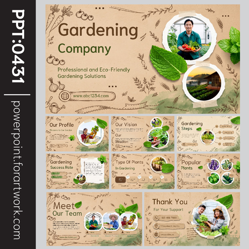 เทมเพลตจัดสวน Gardening Company สไตล์คราฟท์ โทนน้ำตาลธรรมชาติ สำหรับบริษัทจัดสวนและธุรกิจเกษตร