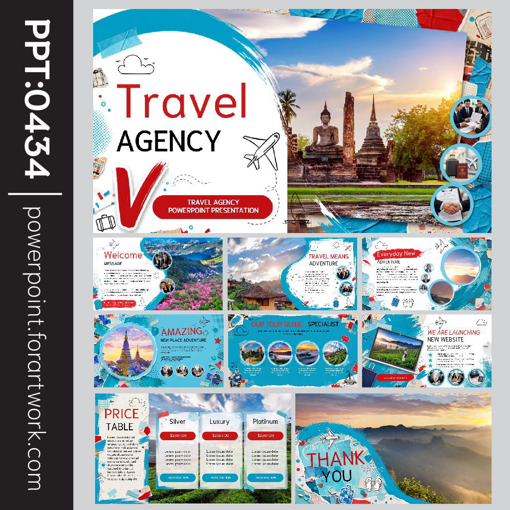 เทมเพลตท่องเที่ยว Travel Agency สไตล์ทันสมัย โทนฟ้า-แดง พร้อมภาพสถานที่ท่องเที่ยวไทย สำหรับบริษัททัวร์