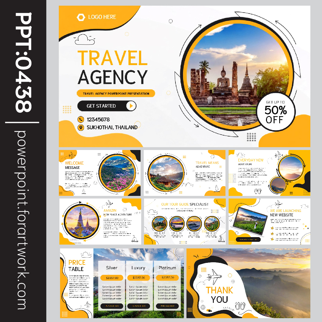 เทมเพลตท่องเที่ยว Travel Agency สไตล์ทันสมัย โทนเหลือง-ส้ม-ขาว พร้อมภาพสถานที่ท่องเที่ยวไทย สำหรับบริษัททัวร์