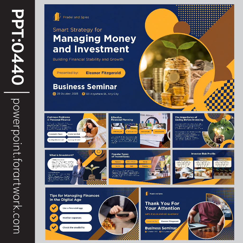 เทมเพลตการเงิน Managing Money PowerPoint สไตล์ธุรกิจ โทนน้ำเงินเข้ม-ทอง สำหรับสัมมนาและการลงทุน