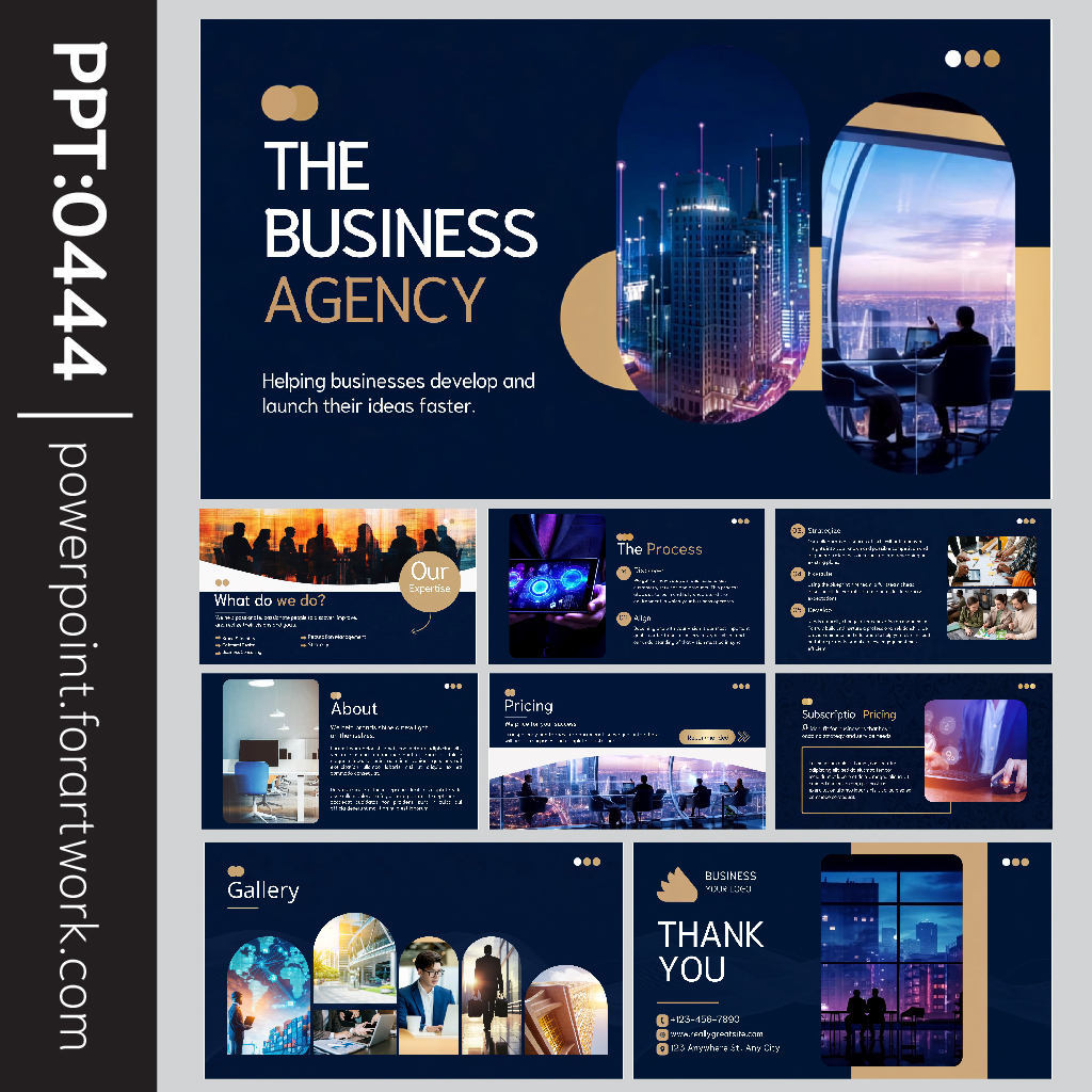 เทมเพลตธุรกิจ Business Agency สไตล์ทันสมัย โทนน้ำเงินเข้ม-ทอง เรียบหรู สำหรับนำเสนอบริษัทและที่ปรึกษา